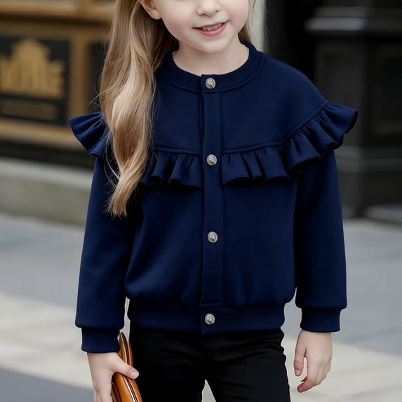 FSYBOA Girls Casual Jacket Size 7-8T, Loose Fit Sports Long Sleeve Crew Neck Fall Outerwear Navy