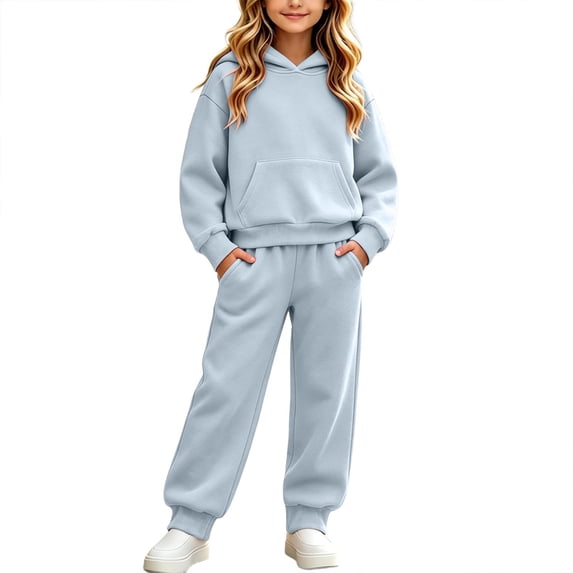FSYBOA Girls Cotton Outfit Set, 2 Piece Casual Girls Fall Sweatshirts and Joggers Light Blue Size 2-3T