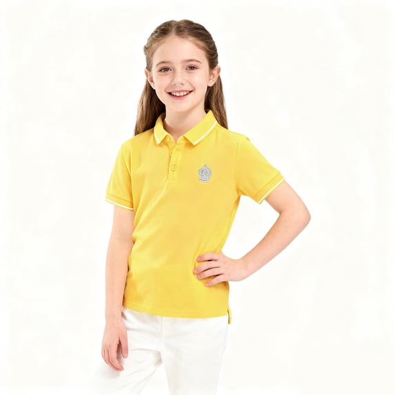 FSYBOA Girls Cotton Polo Shirts, Printed Collared Casual Shorts Sleeves Kids Summer Tops Yellow Size 3-4T