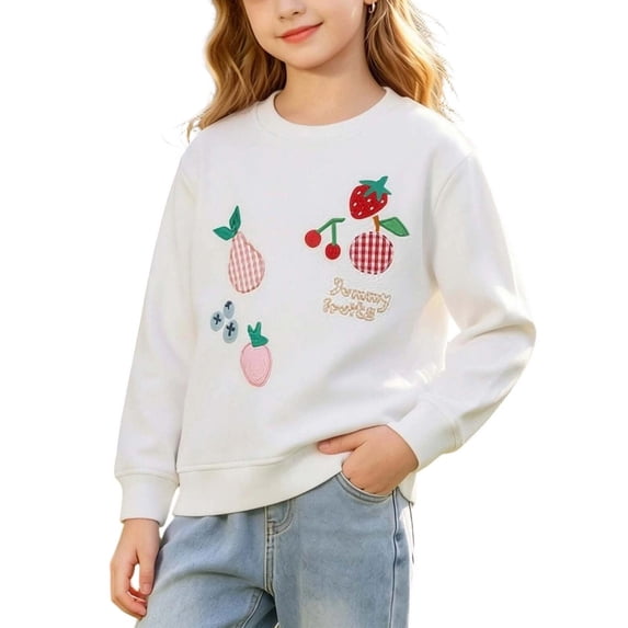 FSYBOA Girls Cotton Sweatshirts, Casual Embroidery Crew Neck Long Sleeve Kids Pullover Tops White Size 6-7T
