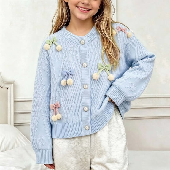 FSYBOA Girls Crew Neck Sweaters, Casual Long Sleeve Button Knitted Kids Falll Cardigan Light Blue Size 2-3T