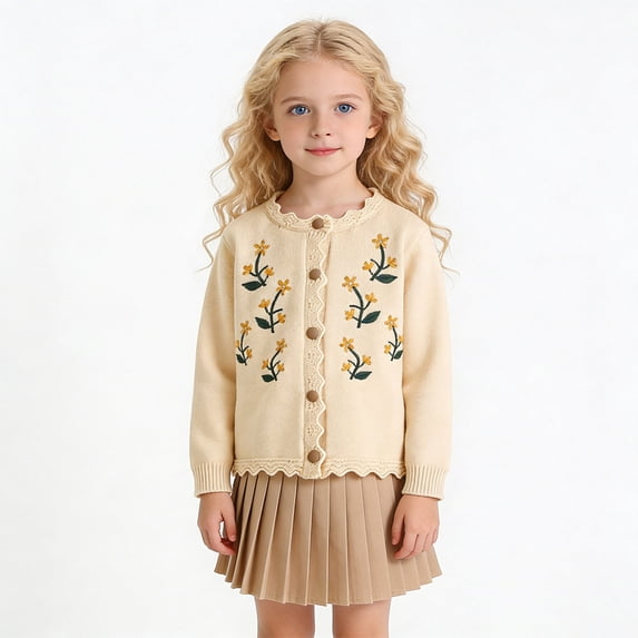 FSYBOA Girls Crew Neck Sweaters Size 8T, Button Knitted Embroidered Long Sleeve Kids Falll Cardigan Beige