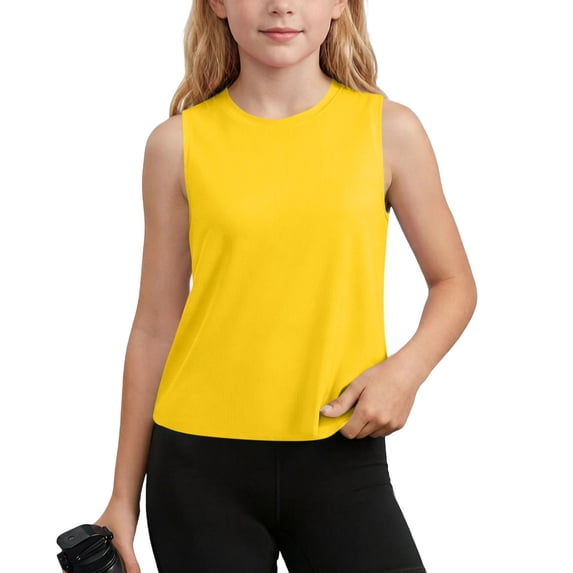 FSYBOA Girls Dance Tank Tops, Crew Neck Vacation Casual Summer Kids Sports Top Yellow Size 13-14T
