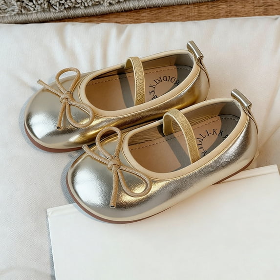 FSYBOA Girls Dress Shoes, Closed Toe Soft Soled Fashion Elastic Strap Kids Flat Shoes Gold Size 10.5(Little Kids)