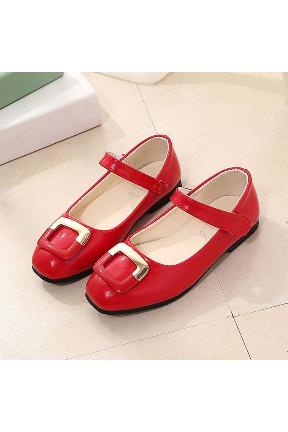 Girls Dress Shoes, Hook and Loop Strap Solid Color Low Heel Closed Toe Kids Party Shoes Red Size 11T