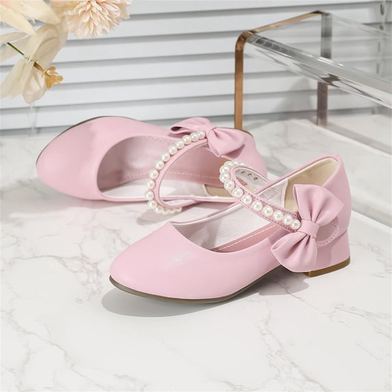 FSYBOA Girls Dress Shoes, Low Heel Closed Toe Fashion Hook and Loop Strap Kids Flat Shoes Pink Size 2.5(Big Kids)