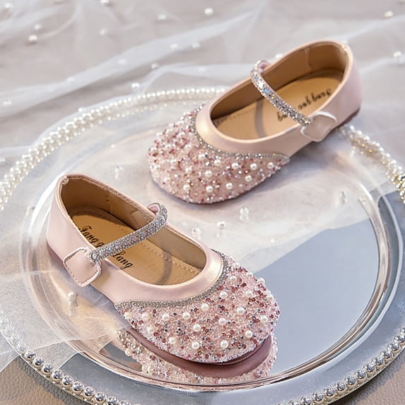 FSYBOA Girls Dress Shoes, Low Heel Hook and Loop Strap Cute Closed Toe Kids Party Shoes Pink Size 9T
