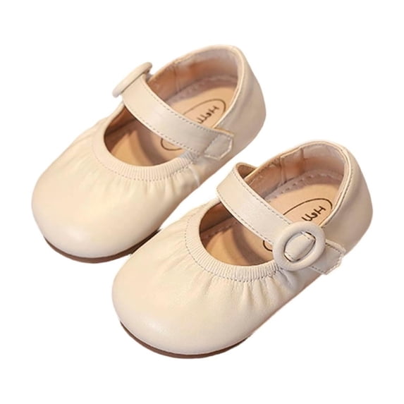 FSYBOA Girls Dress Shoes, Non Slip Closed Toe Soft Soled Adjustable Strap Kids Flat Shoes Beige Size 8(Toddler)