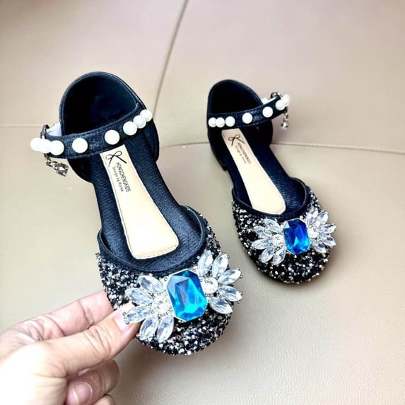 FSYBOA Girls Dress Shoes Size 4T, Closed Toe Hook and Loop Strap Fashion Low Heel Kids Princess Shoes Black