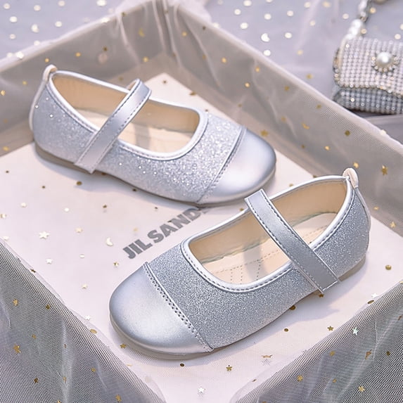FSYBOA Girls Dress Shoes Size 4T, Hook and Loop Strap Soft Soled Casual Summer Kids Party Shoes Silver