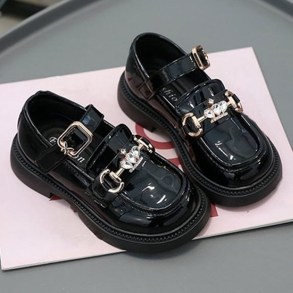 FSYBOA Girls Dress Shoes, Soft Soled Hook and Loop Strap Fashion Casual Kids Princess Shoes Black Size 2(Big Kids)