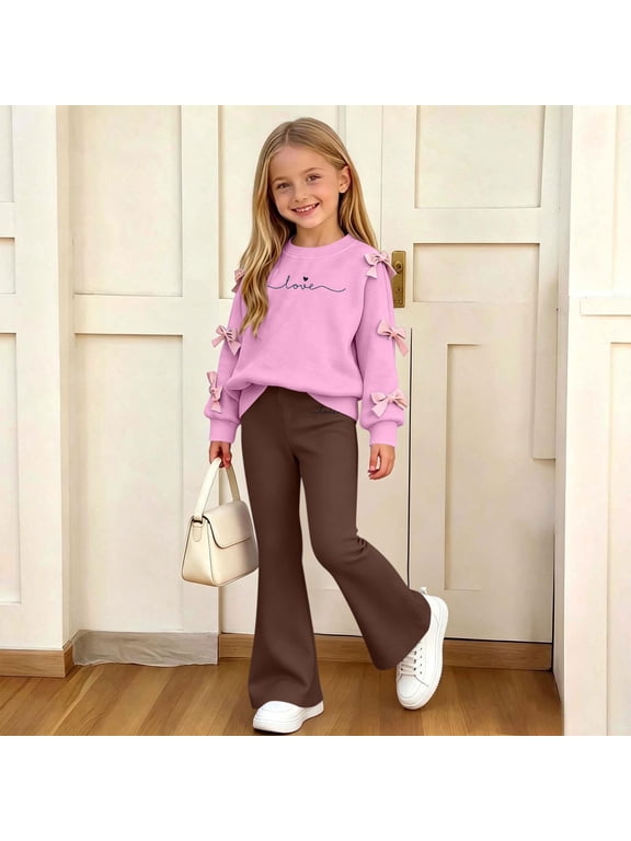 Girls Fall Outfit Set, 2 Piece Long Sleeve Warm Crew Neck Graphic Tops and Flare Leg Pants Coffee Size 7-8T