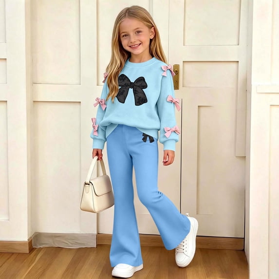 FSYBOA Girls Fall Outfit Set, 2 Piece Relaxed Long Sleeve Crew Neck Graphic Tops and Flare Leg Pants Light Blue Size 13-14T