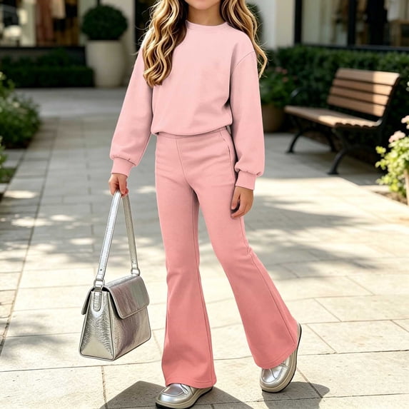 FSYBOA Girls Fall Outfit Set, Casual Long Sleeve 2 Piece Crew Neck Graphic Tops and Flare Leg Pants Watermelon Red Size 5-6T