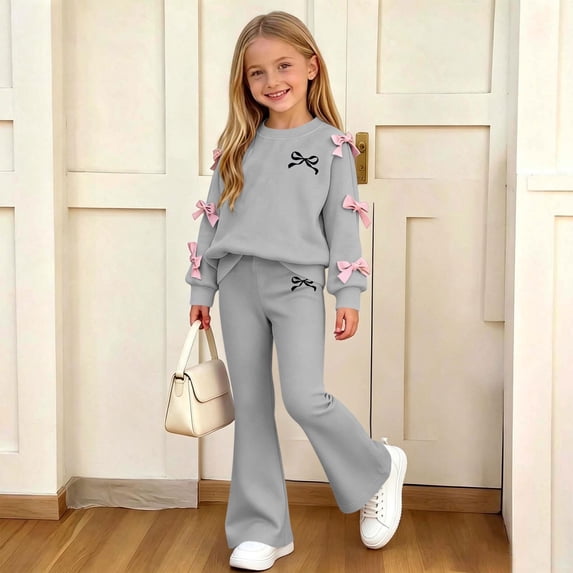 FSYBOA Girls Fall Outfit Set, Long Sleeve Crew Neck 2 Piece Thick Graphic Tops and Flare Leg Pants Gray Size 5-6T