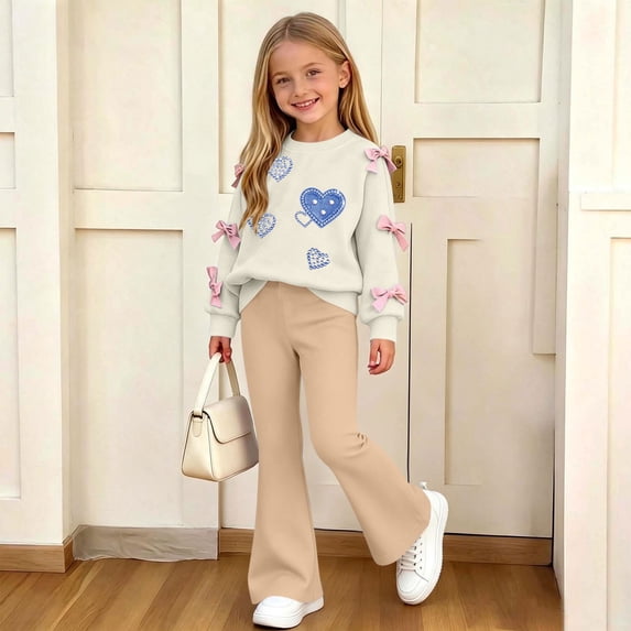 FSYBOA Girls Fall Outfit Set, Long Sleeve Crew Neck Pullover 2 Piece Graphic Tops and Flare Leg Pants Khaki Size 14-15T