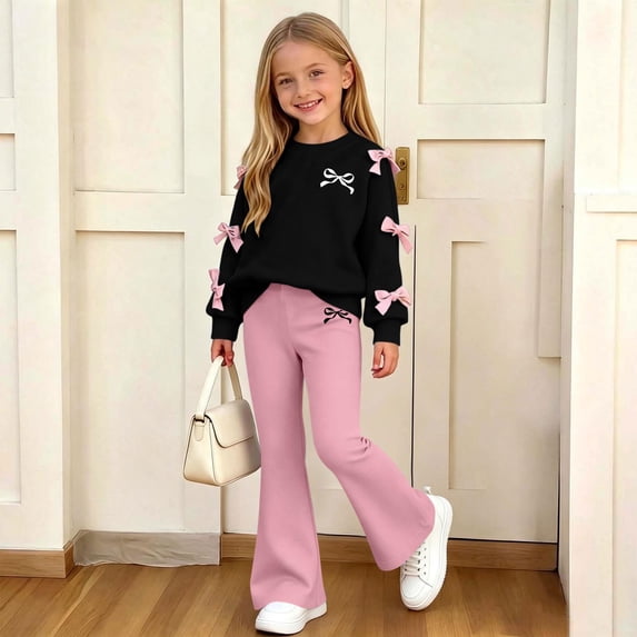 FSYBOA Girls Fall Outfit Set, Thick Crew Neck Long Sleeve 2 Piece Graphic Tops and Flare Leg Pants Watermelon Red Size 13-14T