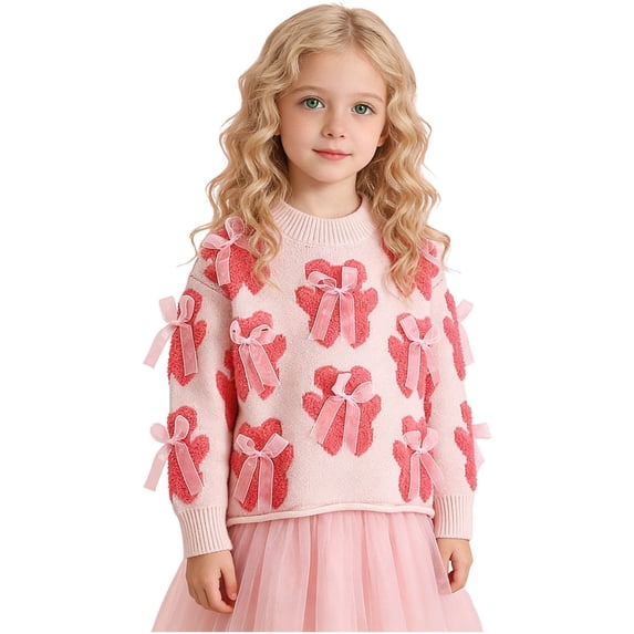 FSYBOA Girls Fall Sweaters, Long Sleeve Crew Neck Fashion Pullover Kids Knitted Tops Red Size 5-6T