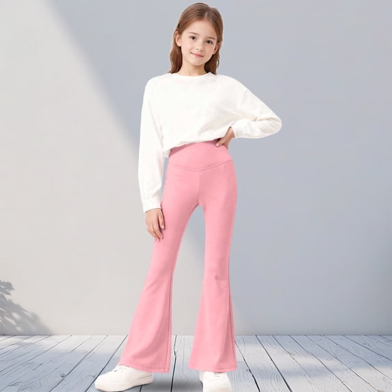 FSYBOA Girls Flared Leggings, High Waist Fall Stretch Loungewear Casual Bottoms Pink Size 3-4T