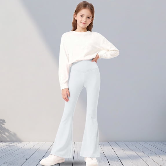 FSYBOA Girls Flared Leggings, High Waist Loungewear Fall Stretch Casual Bottoms White Size 3-4T