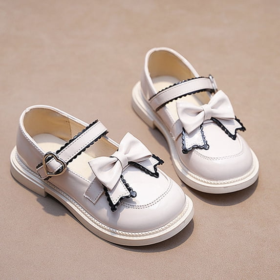 FSYBOA Girls Flat Dress Shoes, Non Slip Casual Dance Hook and Loop Strap Kids School Uniform Shoes Beige Size 12.5(Little Kids)