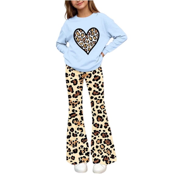 FSYBOA Girls Graphic Outfit Set, 2 Piece Elastic Waist Girls Crew Neck Tops and Flare Pants Blue Size 5-6T