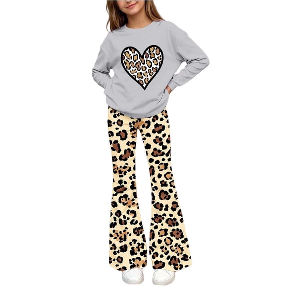 FSYBOA Girls Graphic Outfit Set, 2 Piece Elastic Waist Girls Crew Neck Tops and Flare Pants Gray Size 14-15T