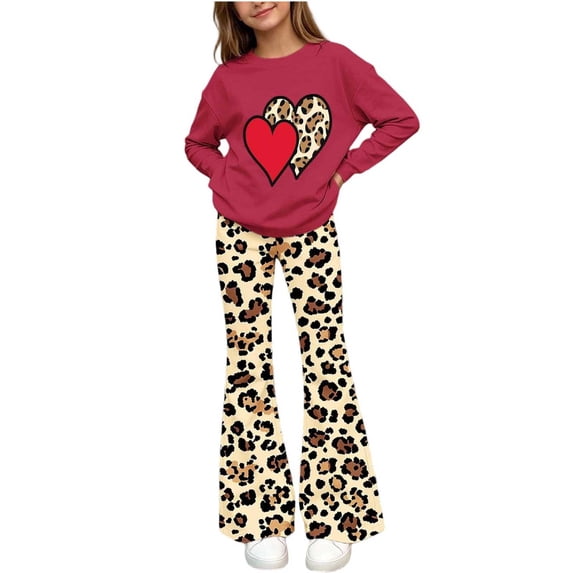 FSYBOA Girls Graphic Outfit Set, 2 Piece Fall Girls Crew Neck Tops and Flare Pants Red Size 5-6T