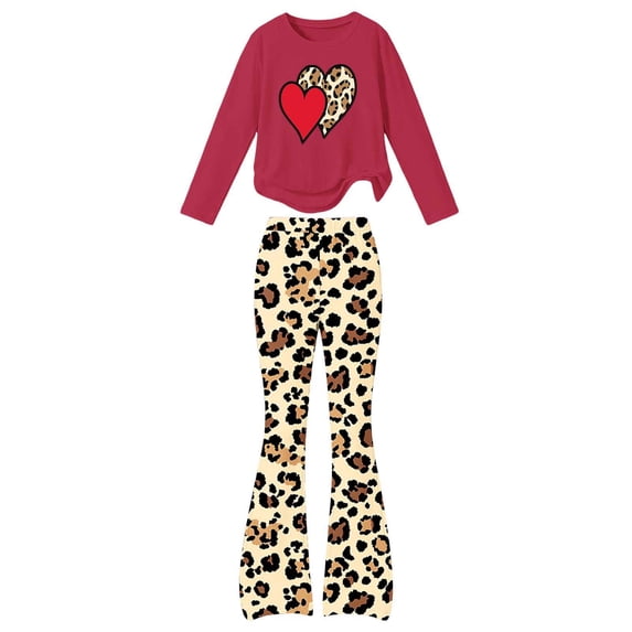 FSYBOA Girls Graphic Outfit Set, 2 Piece Fall Girls Crew Neck Tops and Flare Pants Size 5-6T