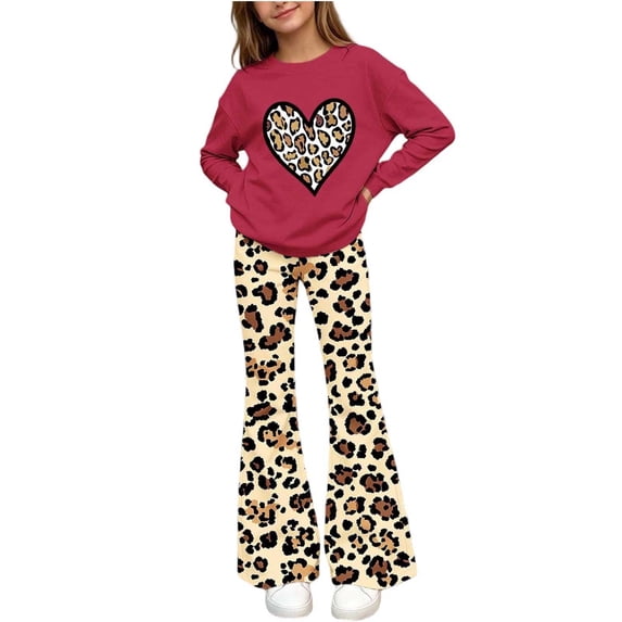 FSYBOA Girls Graphic Outfit Set, Elastic Waist 2 Piece Girls Crew Neck Tops and Flare Pants Red Size 5-6T