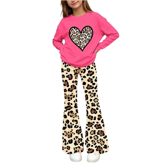 FSYBOA Girls Graphic Outfit Set Size 10-12, Elastic Waist 2 Piece Girls Crew Neck Tops and Flare Pants Hot Pink