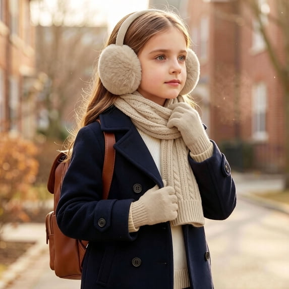 FSYBOA Girls Hat Scarf Gloves Set, Solid Color Thickened Warm 3 Piece Winter Outfit Set Khaki Size 3-12T