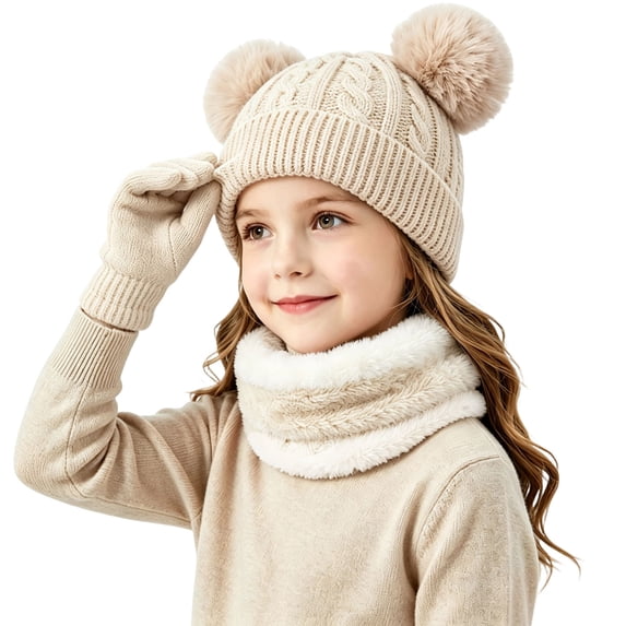 FSYBOA Girls Hat Scarf Gloves Set, Warm Thickened 3 Piece Knitted Winter Outfit Set Khaki Size 2-10T