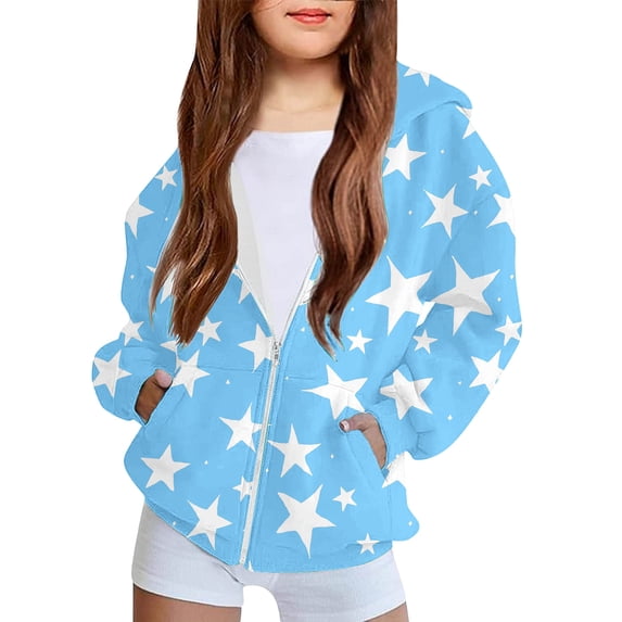 FSYBOA Girls Hoodies, Casual Graphic Full Zip Long Sleeve Kids Lightweight Jackets Blue Size 4-5T