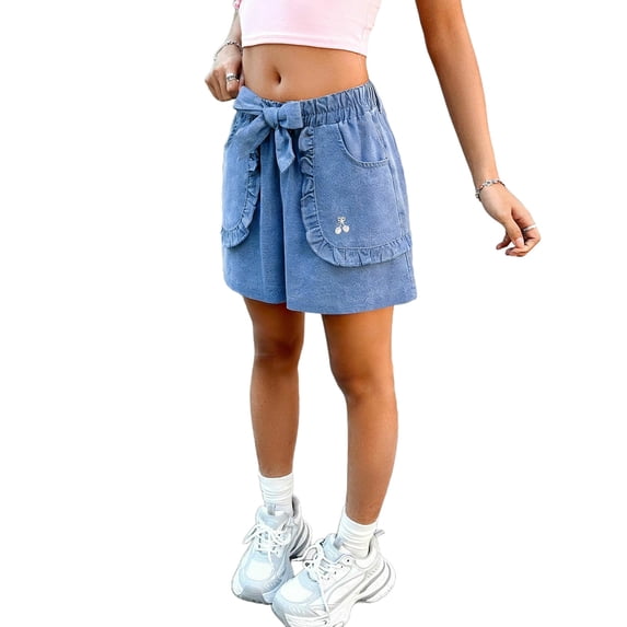 FSYBOA Girls Jean Shorts, Stretchy Relaxed Fit Casual Elastic Waist Kids Denim Shorts Blue Size 5-6T