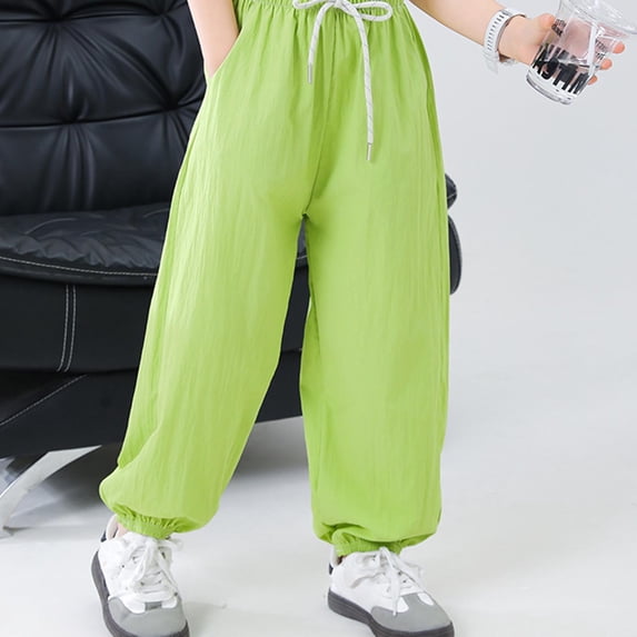 FSYBOA Girls Jogger Sweatpants, Breathable Relaxed Fit Elastic Bottom Drawstring Waist Fall Pants Green Size 7-8T