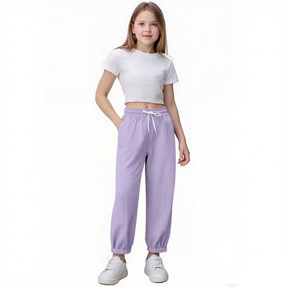 FSYBOA Girls Jogger Sweatpants, Running Drawstring Waist Elastic Bottom Relaxed Fit Fall Pants Purple Size 14-15T