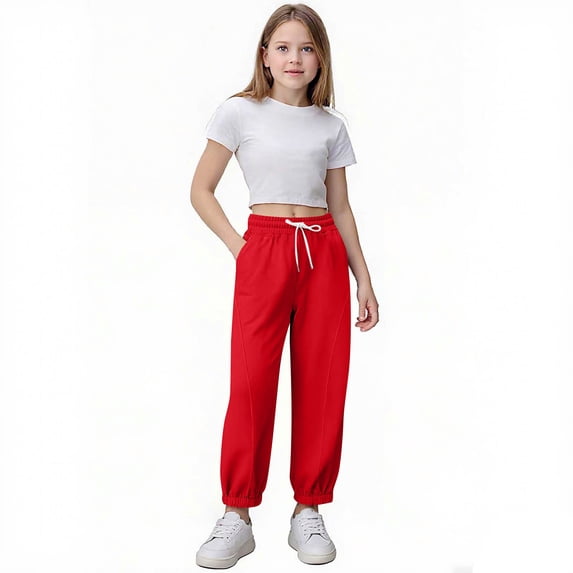 FSYBOA Girls Jogger Sweatpants, Running Elastic Bottom Drawstring Waist Relaxed Fit Fall Pants Red Size 4-5T