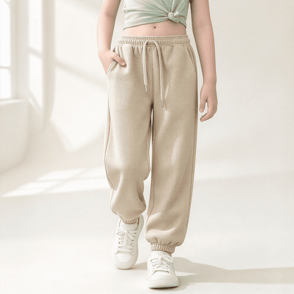 FSYBOA Girls Jogger Sweatpants Size 10-12,Relaxed Fit Elastic Bottom Elastic Waist Daily Fall Pants Beige