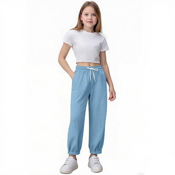 FSYBOA Girls Jogger Sweatpants Size 7,Drawstring Waist Relaxed Fit Running Elastic Bottom Fall Pants Light Blue