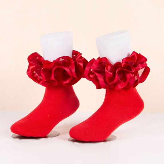 FSYBOA Girls Knitting Socks, Stretch Lace Daily Wear Breathable Kids Crew Socks Red Size 1-3T