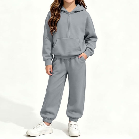 FSYBOA Girls Outfit Set, Fleece-lined 2 Piece Casual Zipper Hoodies and Sweatpants Gray Size 7-8T