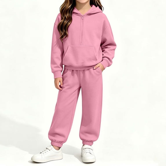 FSYBOA Girls Outfit Set, Fleece-lined Casual 2 Piece Zipper Hoodies and Sweatpants Pink Size 9-10T