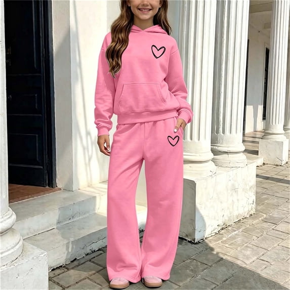 FSYBOA Girls Outfit Set, Hooded Fleece-lined 2 Piece Casual Hoodies and Sweatpants Pink Size 11-12T