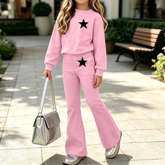 FSYBOA Girls Outfit Set, Long Sleeve Crew Neck Two Piece Casual Graphic Tops and Flare Leg Pants Pink Size 9-10T