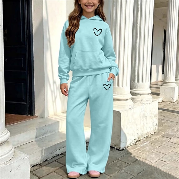 FSYBOA Girls Outfit Set Size 6, Casual Fleece-lined Hooded 2 Piece Hoodies and Sweatpants Light Blue