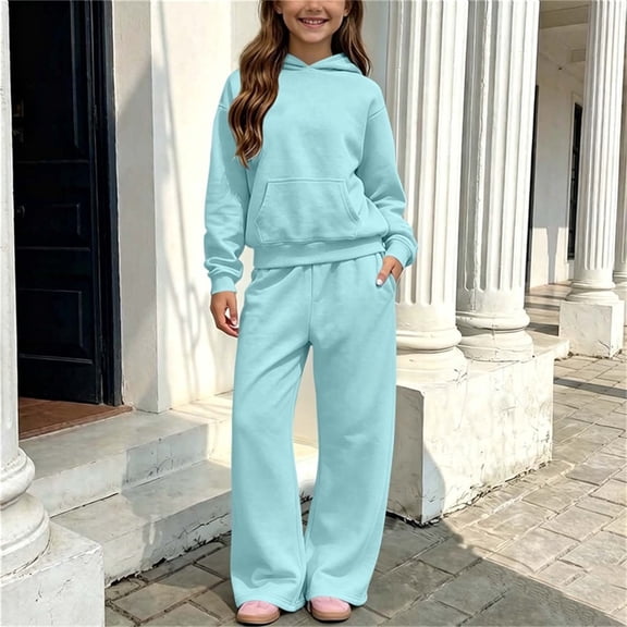 FSYBOA Girls Outfit Set Size 6, Long Sleeve 2 PC Fleece-lined Open Bottom Tops and Sweatpants Light Blue