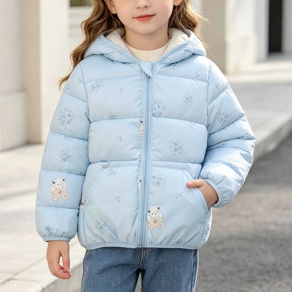FSYBOA Girls Puffer Jackets, Printed Windproof Full Zip Hooded Winter Coat Light Blue Size 1-2T