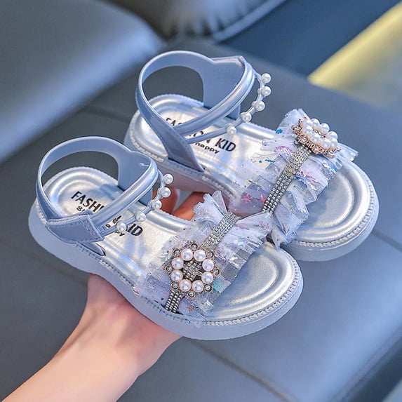 FSYBOA Girls Sandals, Non-Slip Open Toe Outdoors Casual Summer Shoes Silver Size 1.5(Big Kids)