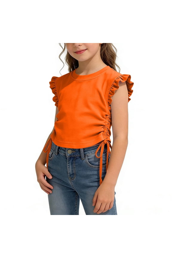 Girls T Shirts, Flutter Sleeve Crew Neck Casual Kids Tees Summer Tops Orange Size 7-8 T